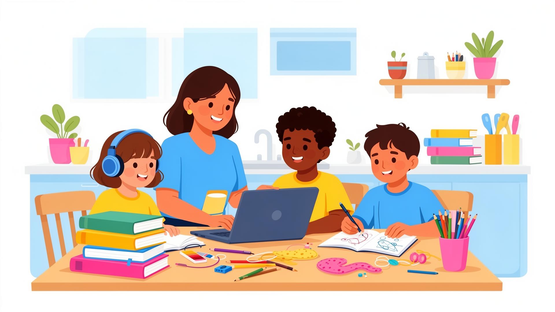 A homeschool mom helping her children with reading, drawing and laptop work at the kitchen table